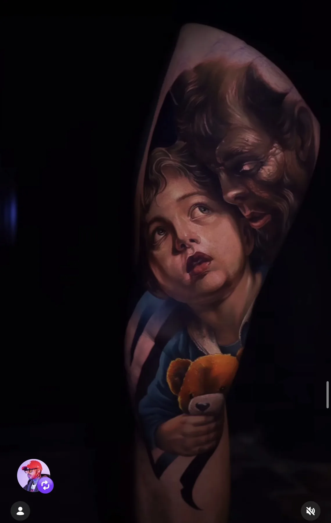 A colour-realism tattoo by Jean, framed in the gallery beyond the entrance